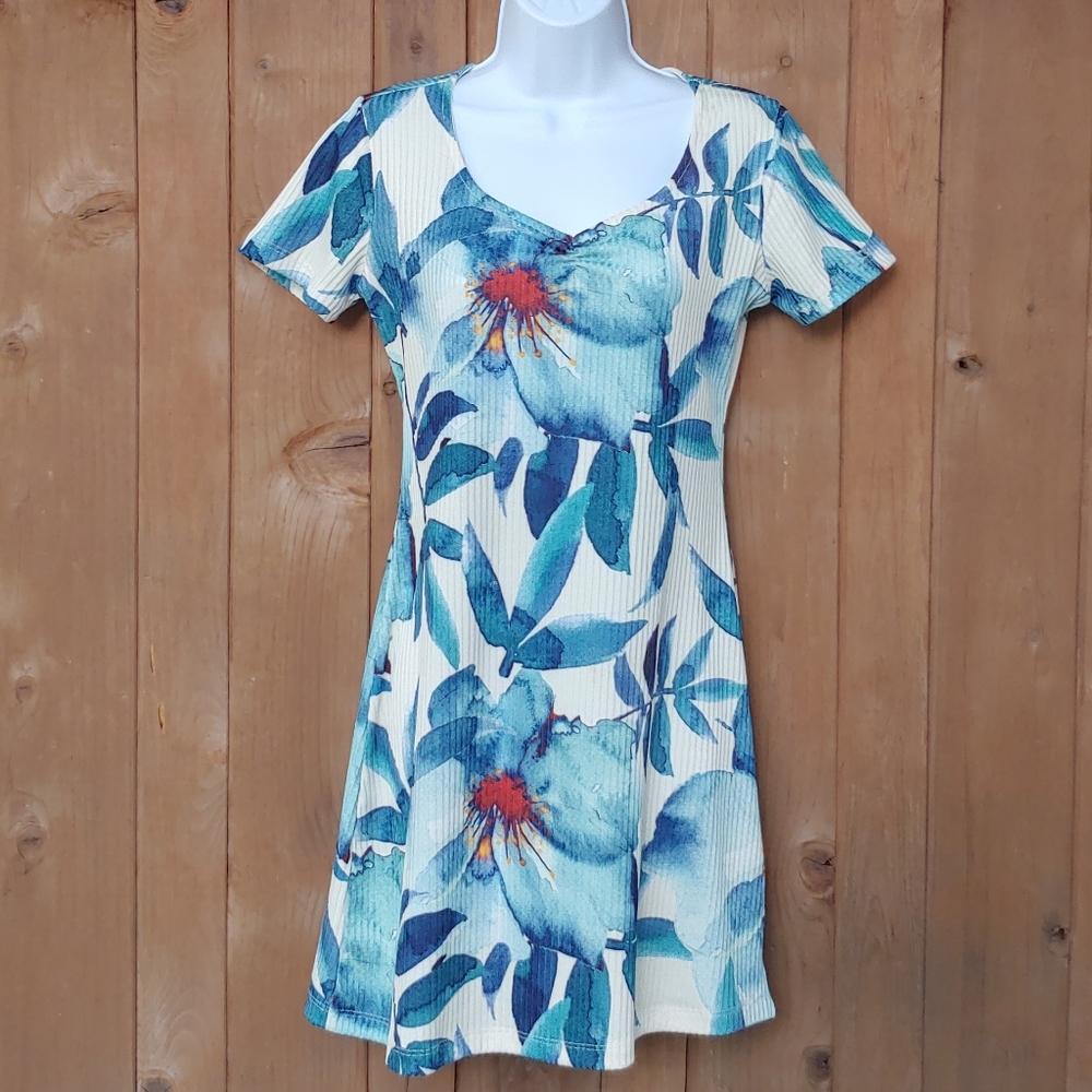 Blue and white T-shirt style floral dress